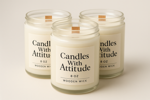 a bundle of (3) 8 oz wooden wick candles with white cream in color wax and :Candles With Attitude on the label